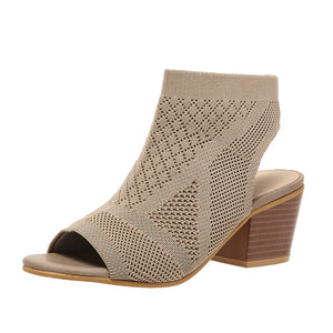 khaki Women's peep toe stretch knitted block heels sandals