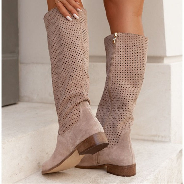 Women's perforated faux suede knee high boots