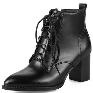 black Women's pointed toe chunky heels combat boots