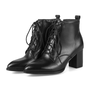 black Women's pointed toe chunky heels combat boots