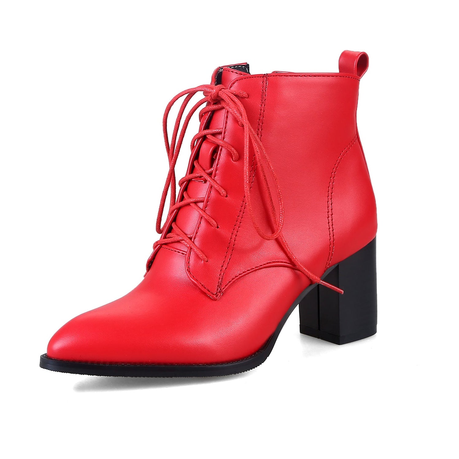 red Women's pointed toe chunky heels combat boots