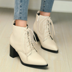 Women's pointed toe chunky heels combat boots