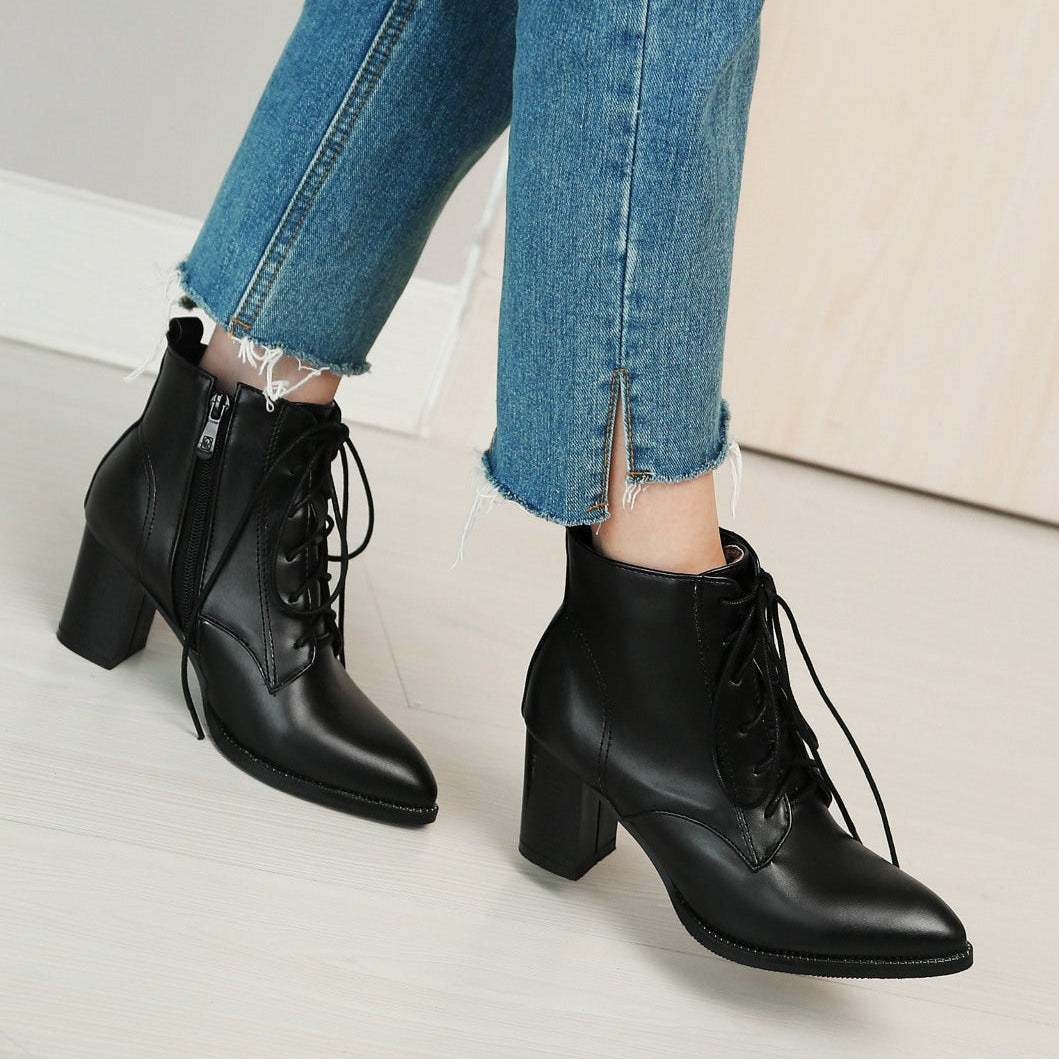 Women's pointed toe chunky heels combat boots