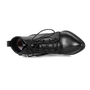 black Women's pointed toe chunky heels combat boots