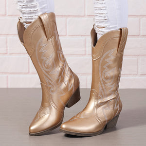 Women's pull-on embroidery mid calf cowboy boots