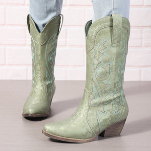 green Women's pull-on embroidery mid calf cowboy boots