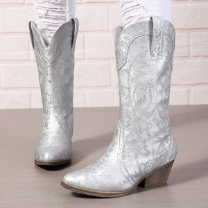silver Women's pull-on embroidery mid calf cowboy boots