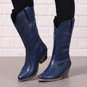 Women's pull-on embroidery mid calf cowboy boots