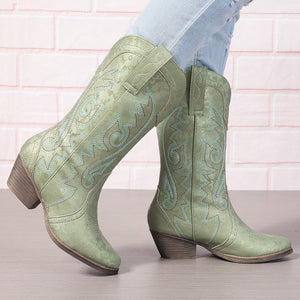 Women's pull-on embroidery mid calf cowboy boots