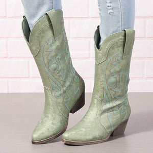 green Women's pull-on embroidery mid calf cowboy boots