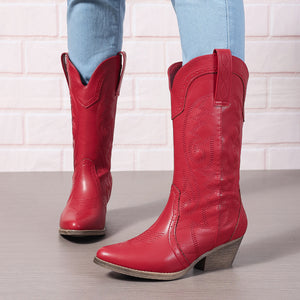 red Women's pull-on embroidery mid calf cowboy boots