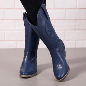 blue Women's pull-on embroidery mid calf cowboy boots