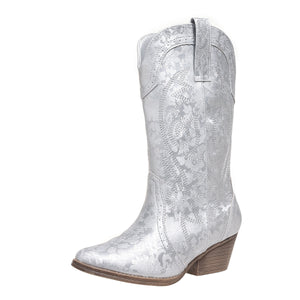 silver Women's pull-on embroidery mid calf cowboy boots