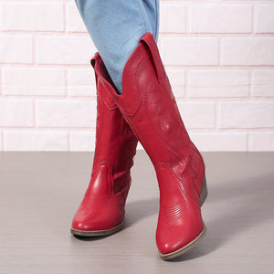 red Women's pull-on embroidery mid calf cowboy boots