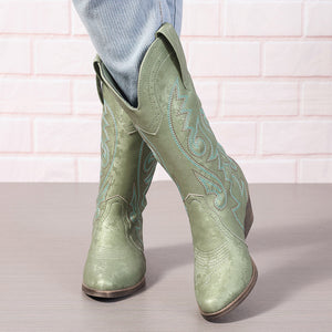 green Women's pull-on embroidery mid calf cowboy boots