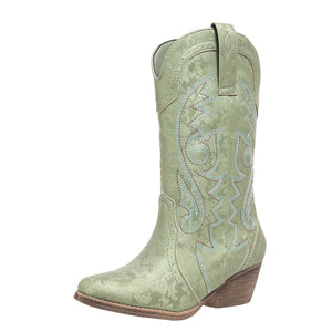green Women's pull-on embroidery mid calf cowboy boots