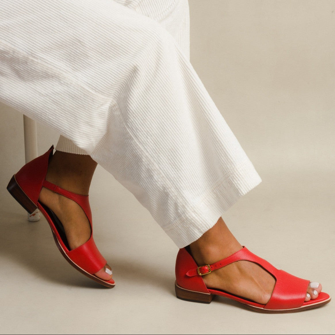 Women's red peep toe T-strap sandals