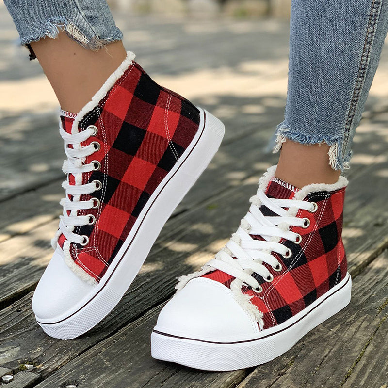 Women's red plaid high cut platform sneakers for Christmas