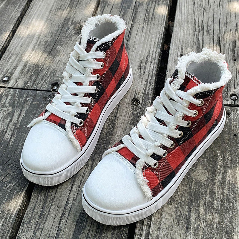 Women's red plaid high cut platform sneakers for Christmas