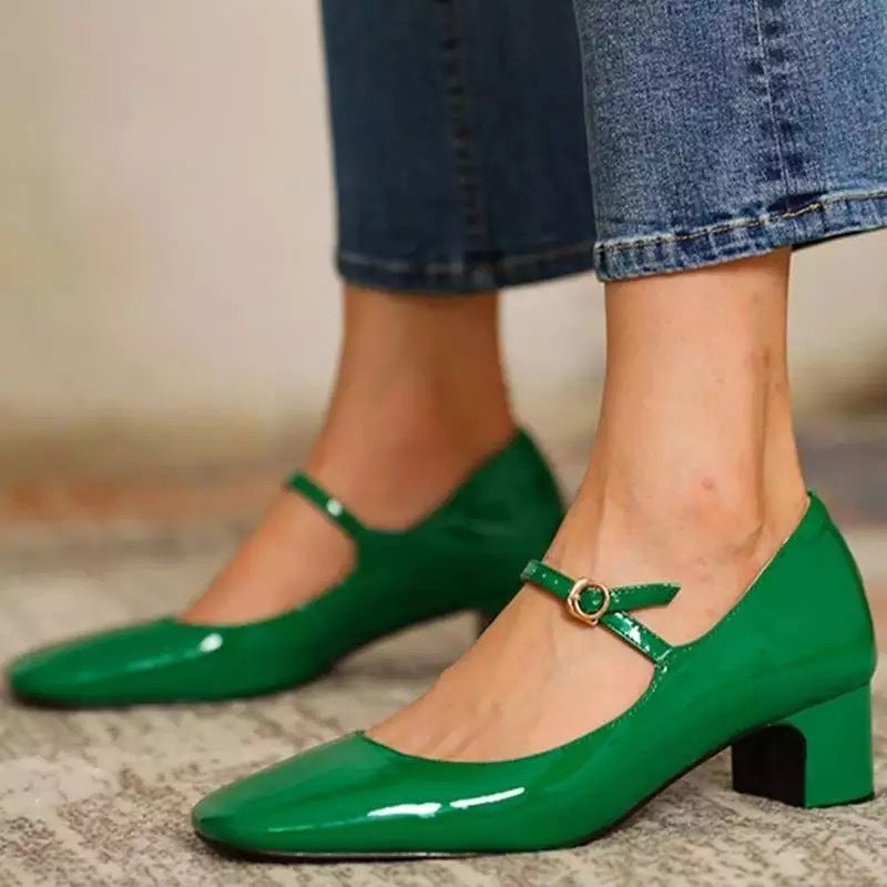 Women's retro PU patent leather block heels Mary Jane pumps