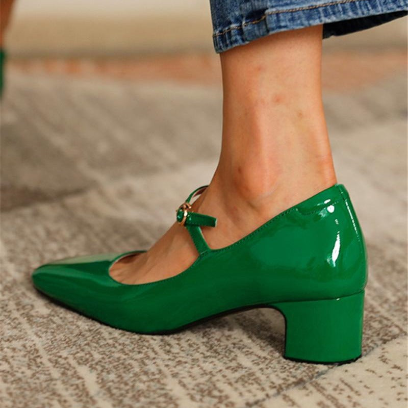 Women's retro PU patent leather block heels Mary Jane pumps