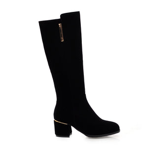 Women's retro black velvet knee high boots chunky heels