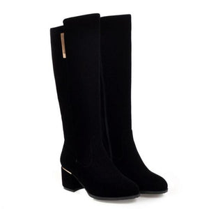 Women's retro black velvet knee high boots chunky heels