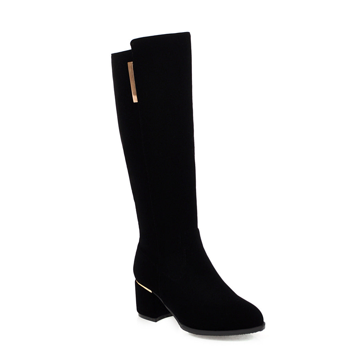 Women's retro black velvet knee high boots chunky heels