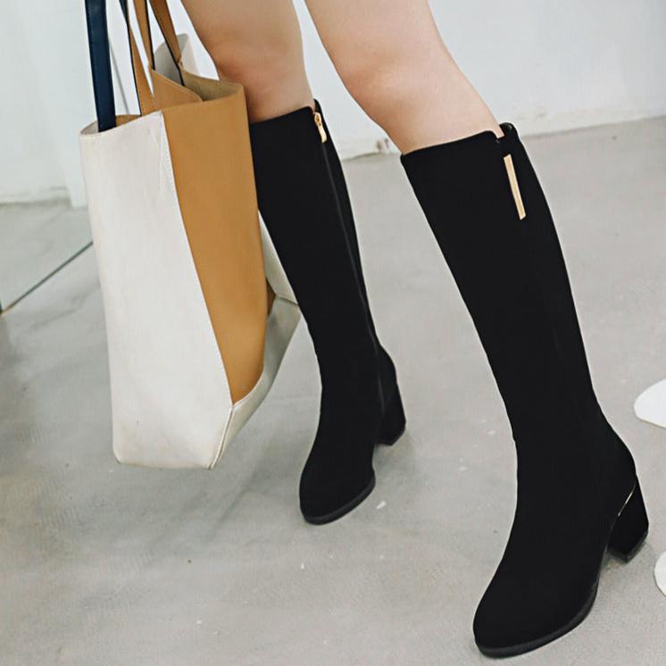 Women's retro black velvet knee high boots chunky heels