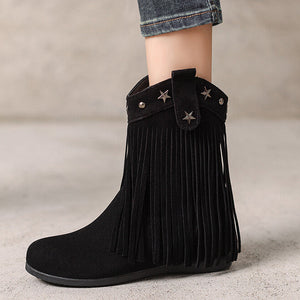 black Women's retro boho fringe boots with hidden wedge heels