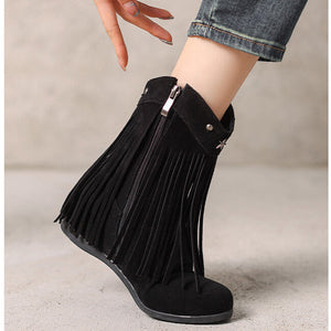 Women's retro boho fringe boots with hidden wedge heels