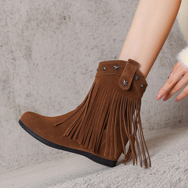 Women's retro boho fringe boots with hidden wedge heels