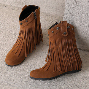 brown Women's retro boho fringe boots with hidden wedge heels