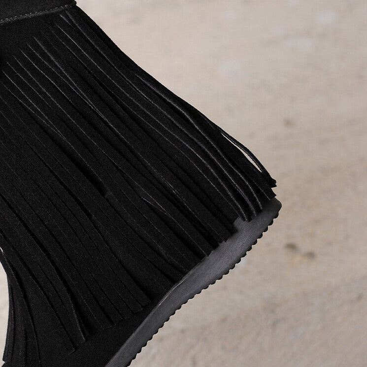 black Women's retro boho fringe boots with hidden wedge heels
