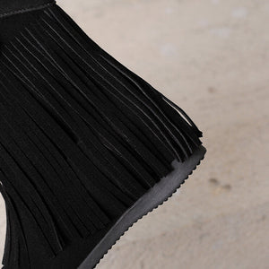 black Women's retro boho fringe boots with hidden wedge heels