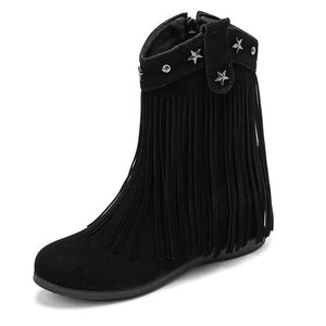 black Women's retro boho fringe boots with hidden wedge heels