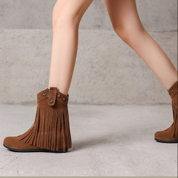 brown Women's retro boho fringe boots with hidden wedge heels