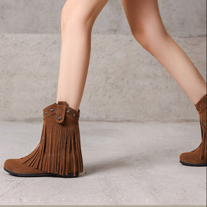 brown Women's retro boho fringe boots with hidden wedge heels
