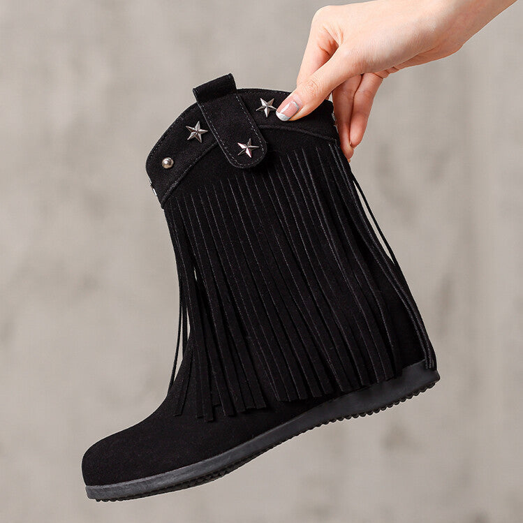 black Women's retro boho fringe boots with hidden wedge heels