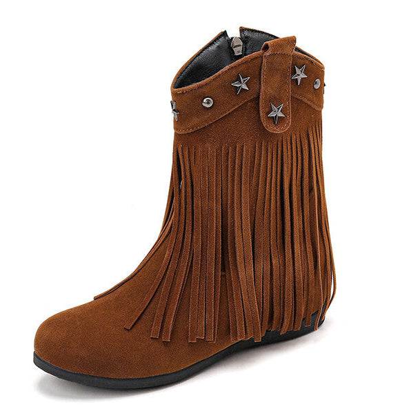 Women's retro boho fringe boots with hidden wedge heels