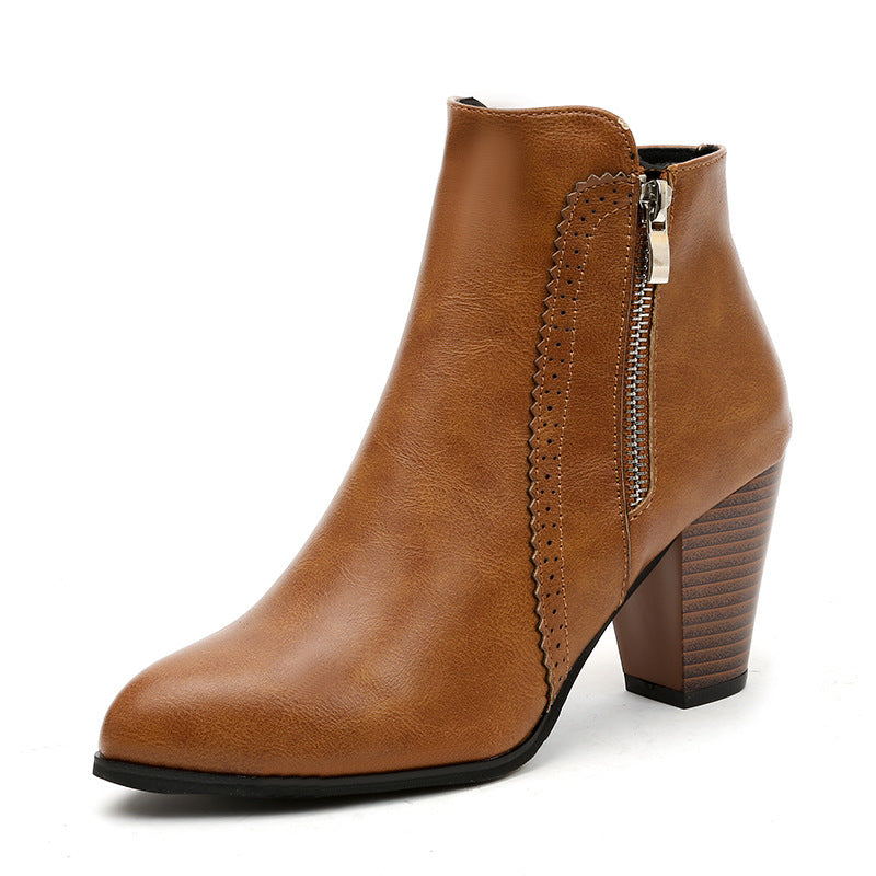 Women's retro brown chunky heels ankle boots