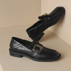 black Women's retro classic loafers with square toe