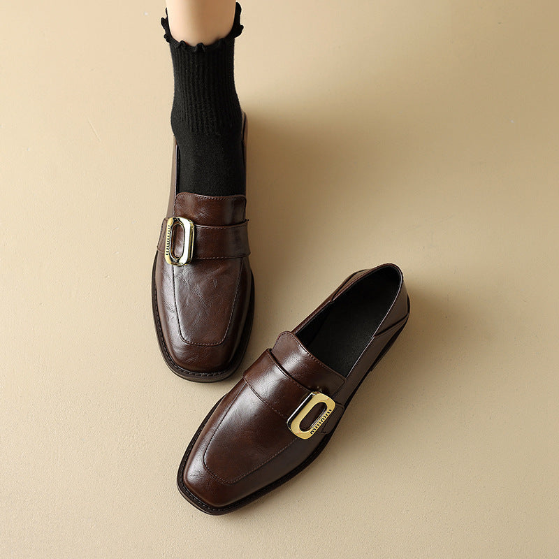 brown Women's retro classic loafers with square toe