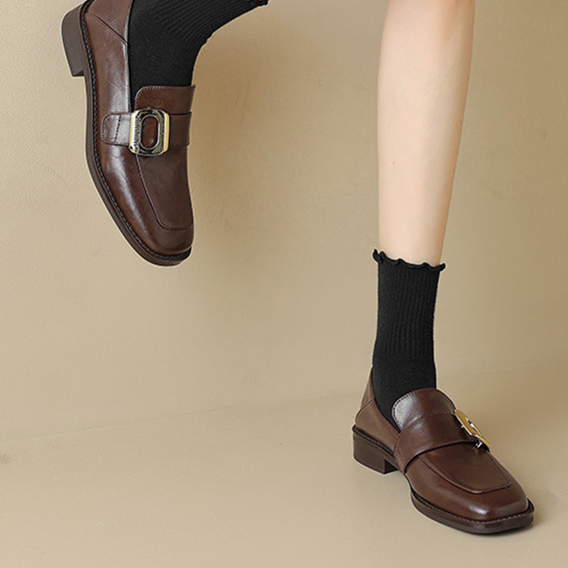 brown Women's retro classic loafers with square toe
