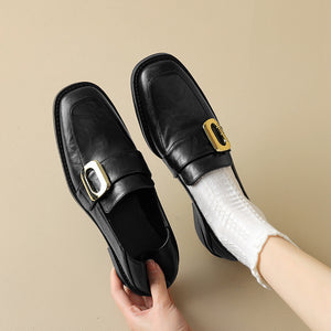 black Women's retro classic loafers with square toe