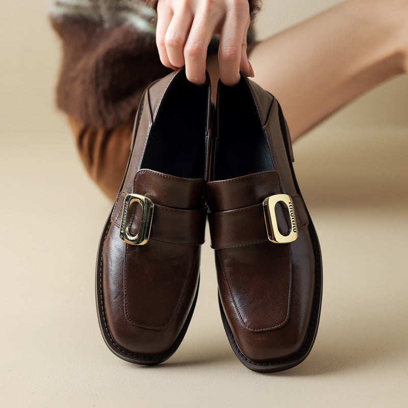 brown Women's retro classic loafers with square toe