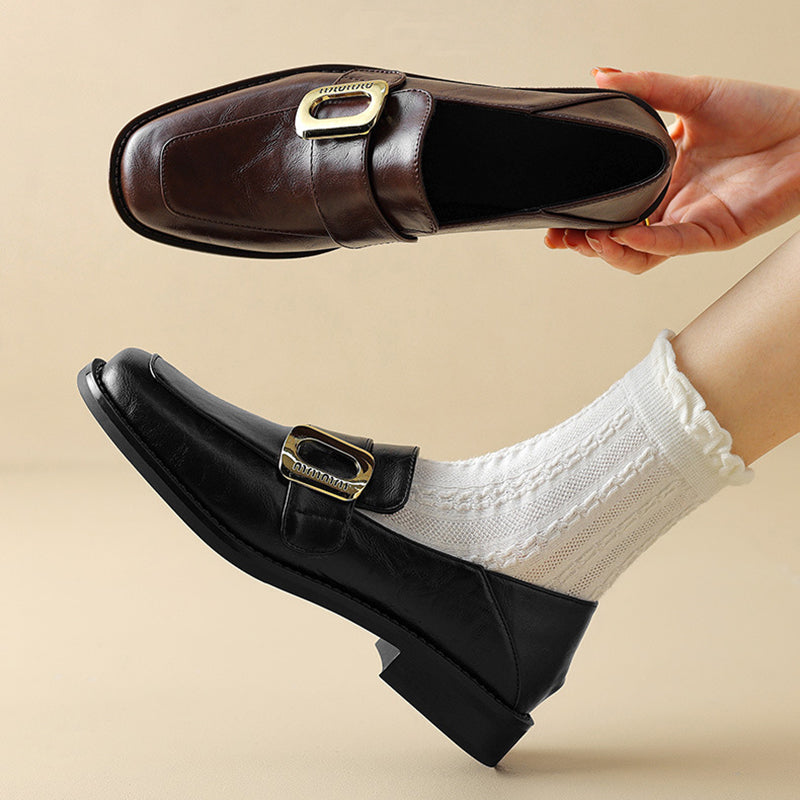 black Women's retro classic loafers with square toe