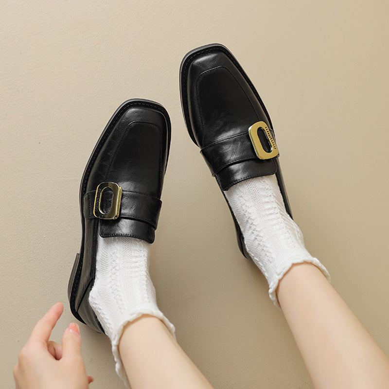 black Women's retro classic loafers with square toe