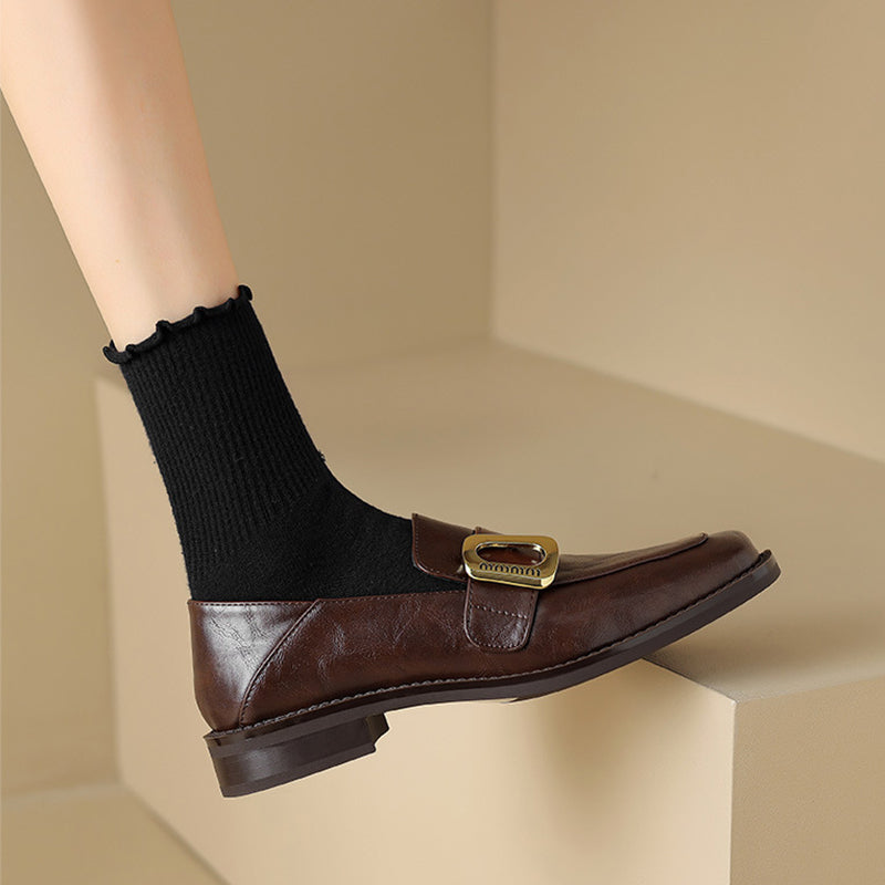 brown Women's retro classic loafers with square toe