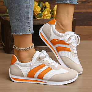 Women’s Retro Lace-Up Sneakers – Striped Casual Low-Top Shoes